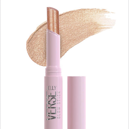 A pink swiss beauty jelly glow stick with a shimmering gold jelly verse eyeshadow swatch showing rich color payoff