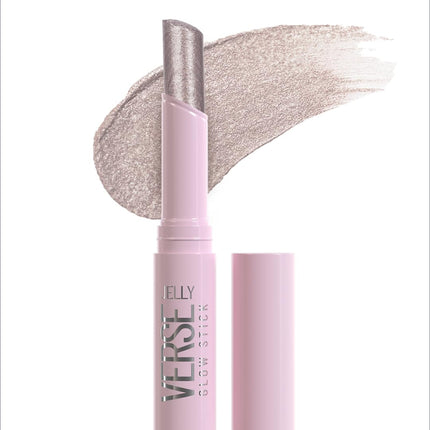 A pink swiss beauty jelly verse glow stick eyeshadow with metallic silver glittery applicator and swatch showing sparkling shine