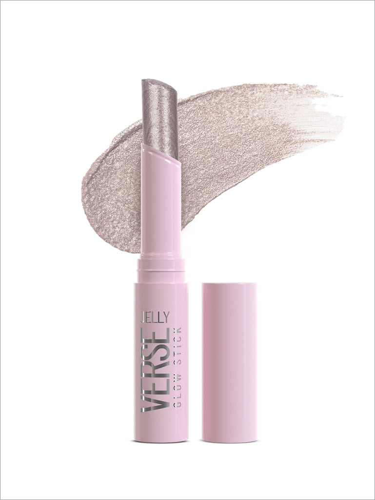 A pink swiss beauty jelly verse glow stick eyeshadow with metallic silver glittery applicator and swatch showing sparkling shine