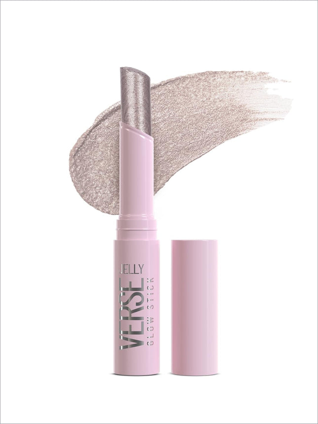 A pink swiss beauty jelly verse glow stick eyeshadow with metallic silver glittery applicator and swatch showing sparkling shine