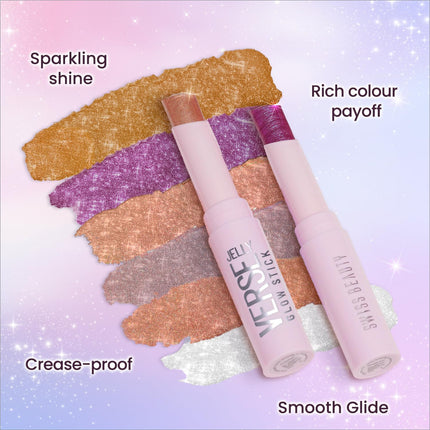 Two pink-tinted swiss beauty jelly verse eyeshadow glow sticks with glittery gold purple and rose-gold shades on sparkly background