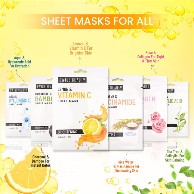 Close-up of Swiss Beauty Lemon & Vitamin C Brightening Sheet Mask showcasing its serum-infused formula, ideal for hydration and brightening with lemon vitamin c mask.