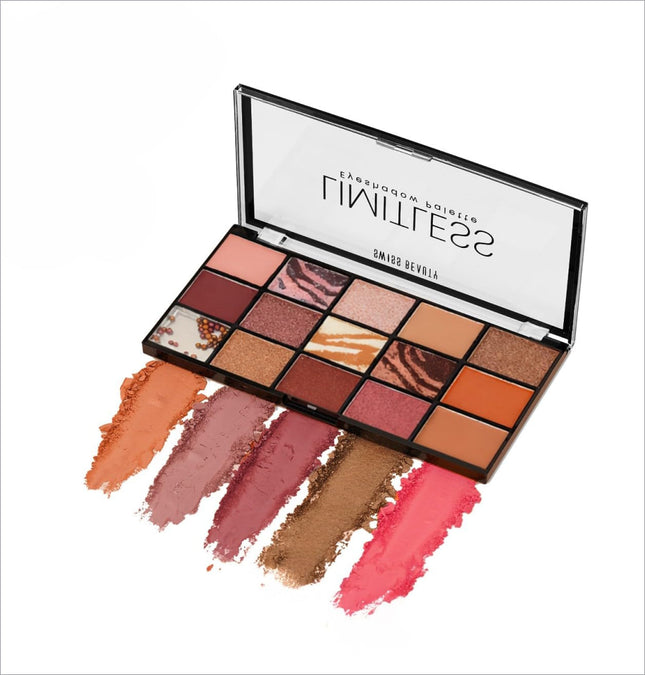 A sleek swiss beauty limitless eyeshadow palette with 15 warm-toned mattes shimmers and metallics in shade stargaze