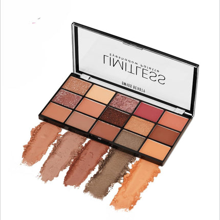 A sleek swiss beauty limitless eyeshadow palette with 18 warm mattes and shimmers in terracotta and bronze tones