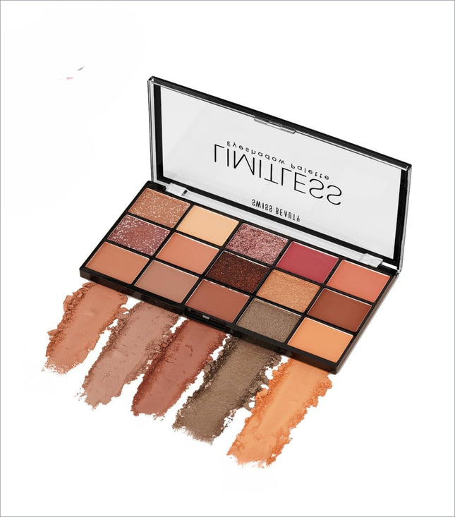 A sleek swiss beauty limitless eyeshadow palette with 18 warm mattes and shimmers in terracotta and bronze tones