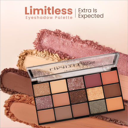 Swiss beauty limitless eyeshadow palette features 16 warm matte and shimmer shades in a sleek black case