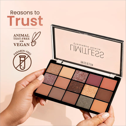 A sleek black swiss beauty limitless eyeshadow palette with 18 highly pigmented warm matte and shimmer shades