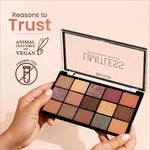 A sleek black swiss beauty limitless eyeshadow palette with 18 highly pigmented warm matte and shimmer shades