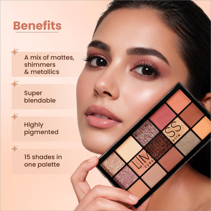 A sleek black swiss beauty limitless eyeshadow palette with 15 warm earthy mattes shimmers and metallics shades