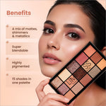 A sleek black swiss beauty limitless eyeshadow palette with 15 warm earthy mattes shimmers and metallics shades