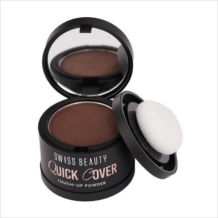 Swiss Beauty Quick Cover Touch-Up Powder packaging featuring the product that instantly covers grey roots and bald spots, ideal for both men and women, long lasting hair powder.