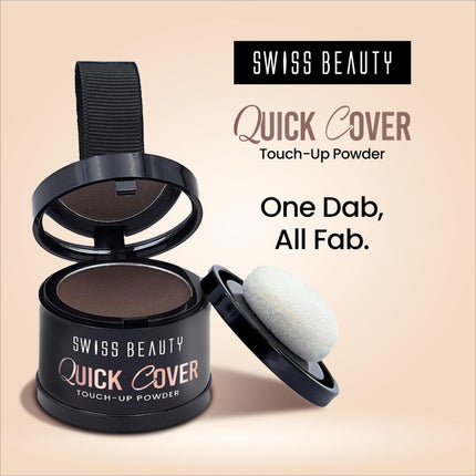 User-friendly application of Swiss Beauty Quick Cover Touch-Up Powder, designed to effortlessly cover grey roots and bald spots with a long lasting hair powder formula.