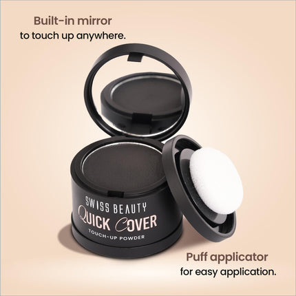 Flat lay of Swiss Beauty Quick Cover Touch-Up Powder with brush, emphasizing its use for both men and women as a long lasting hair powder solution.