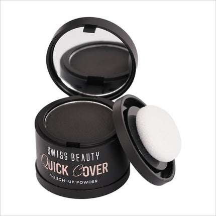 Close-up of Swiss Beauty Quick Cover Touch-Up Powder showcasing its highly pigmented formula that provides a matte finish and a long lasting hair powder effect.