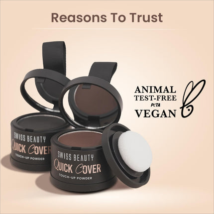 Swiss Beauty Quick Cover Touch-Up Powder in action, showcasing the product's ability to instantly cover bald spots, ideal for quick touch-ups with its long lasting hair powder formulation.