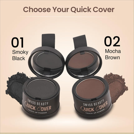 Model applying Swiss Beauty Quick Cover Touch-Up Powder to hide grey roots, demonstrating its effectiveness as a long lasting hair powder.