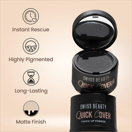Swiss Beauty Quick Cover Touch-Up Powder displayed beside a variety of shades, highlighting its versatility as a long lasting hair powder for various hair colors.