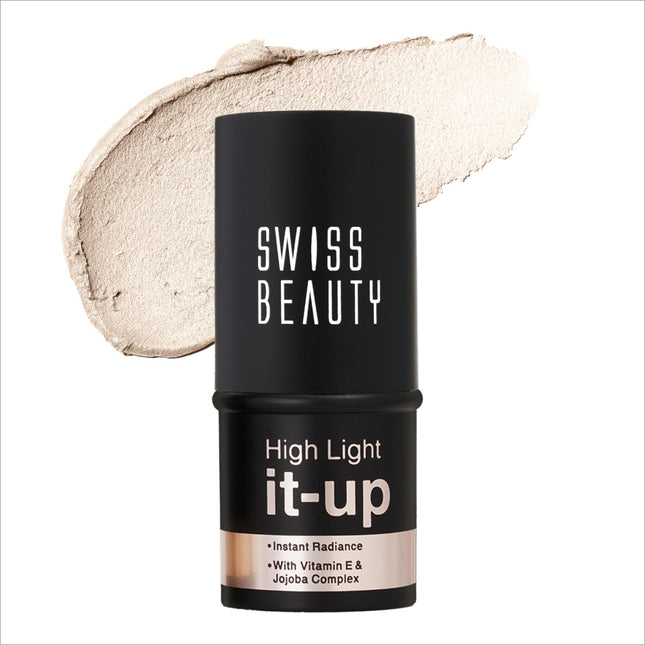 Swiss Beauty High Light It-Up Highlighter in Pearl Glow offers an instant radiant glow with a creamy, blendable formula. This long-lasting highlighter comes in a twist-up format and is enriched with Vitamin E and Jojoba Complex. Perfect for achieving that golden hour look, this 8g product is part of the new collection featuring three beautiful shades: Pearl Glow, Radiant Pink, and more. Ideal for women seeking high-quality highlighters.