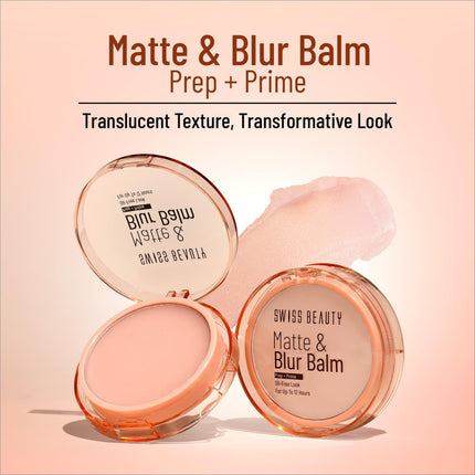 Close-up of Swiss Beauty Matte & Blur Balm demonstrating its smooth application and texture for a shine-free, perfect complexion.
