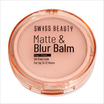 Swiss Beauty Matte & Blur Balm packaging showcasing its capabilities to control excess oil and blur imperfections for a clean, matte finish.