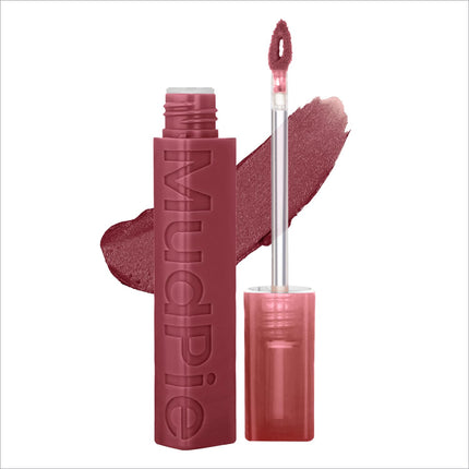 Matte mauve swiss beauty mudpie liquid lipstick in a sleek tube with a soft matte mousse finish and long-lasting wear