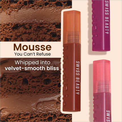 Swiss beauty mudpie lip gloss in a translucent orange tube with embossed branding features a soft matte mousse finish