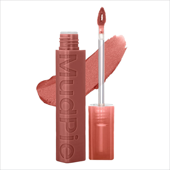 A matte rose-brown swiss beauty mudpie liquid lipstick with soft matte mousse finish and clear applicator wand