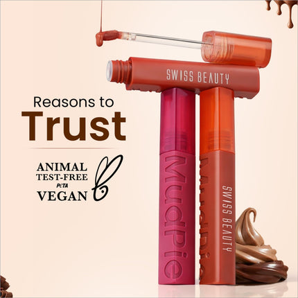 Two swiss beauty mudpie lip gloss tubes in vibrant pink and warm orange with soft matte mousse finish and embossed branding