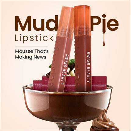 Two matte brown swiss beauty mudpie lipstick tubes with ribbed sides and translucent caps in chocolate mousse bowl