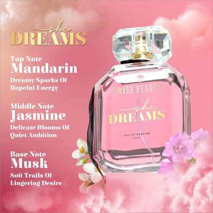 Bottle of Swiss Beauty She Dreams EDP, a long-lasting women's perfume ideal for gifting and everyday wear.