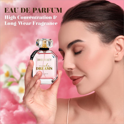 Ambiance shot featuring Swiss Beauty She Dreams EDP, a long-lasting women's perfume that leaves an enchanting scent trail.