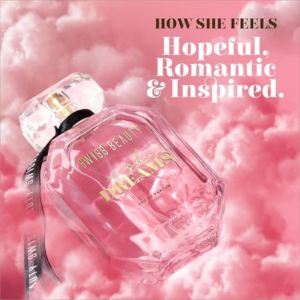 Swiss Beauty She Dreams EDP packaging, promoting it as a long-lasting women's perfume perfect for any occasion.