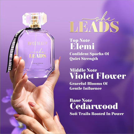Swiss Beauty She Leads EDP packaging, representing a long lasting perfume suitable for any occasion.