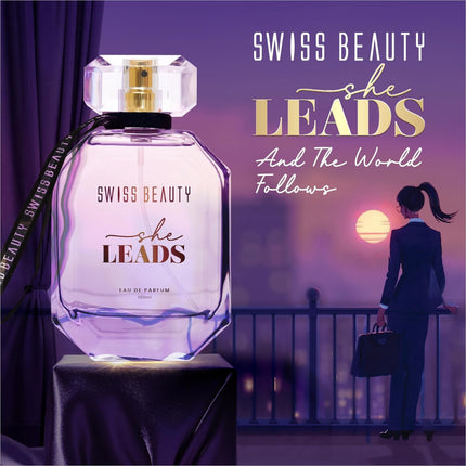 Artistic view of Swiss Beauty She Leads EDP bottle, highlighting its long lasting perfume appeal and luxurious design.