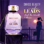 Artistic view of Swiss Beauty She Leads EDP bottle, highlighting its long lasting perfume appeal and luxurious design.