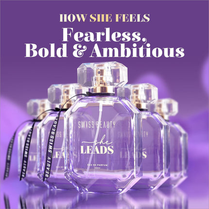 Elegant display of Swiss Beauty She Leads EDP, a perfect long lasting perfume choice for confident women.
