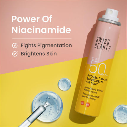Close-up of SWISS BEAUTY Protect Maxx Sunscreen Air Mist bottle - SPF 50 PA+++ spf 50 sunscreen spray with invisible finish, perfect for on-the-go use.