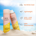 SWISS BEAUTY Protect Maxx Sunscreen Air Mist being applied on skin - Lightweight spf 50 sunscreen spray suitable for reapplication over makeup.