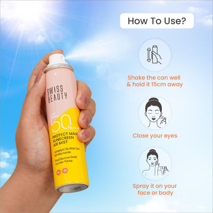 SWISS BEAUTY Protect Maxx Sunscreen Air Mist showing non-greasy application - SPF 50 PA+++ spf 50 sunscreen spray with Niacinamide for all skin types.