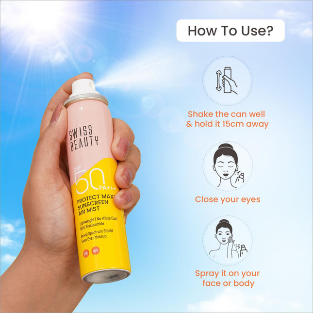 SWISS BEAUTY Protect Maxx Sunscreen Air Mist showing non-greasy application - SPF 50 PA+++ spf 50 sunscreen spray with Niacinamide for all skin types.