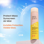 User holding SWISS BEAUTY Protect Maxx Sunscreen Air Mist - SPF 50 PA+++ spf 50 sunscreen spray enriched with Niacinamide for a healthy glow.