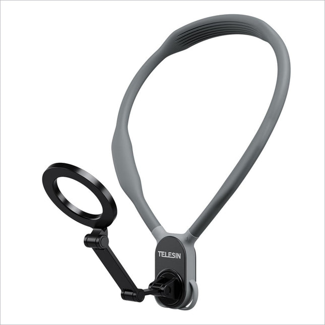 Gray and black adjustable silicone neck ring light with flexible arm and magnetic sheet for hanging neck phone case use