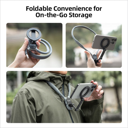 Gray silicone foldable phone mount with circular clamp and adjustable strap for hanging neck magnetic sheet use