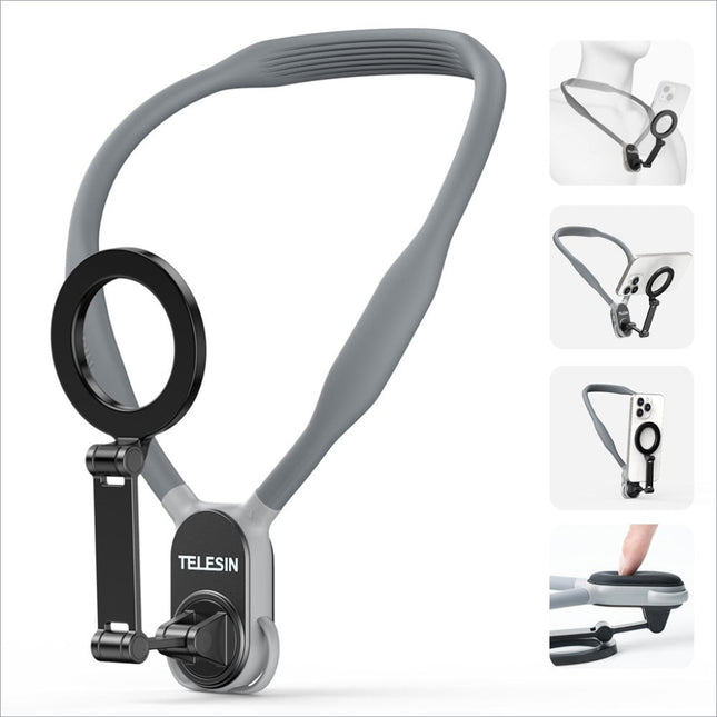Gray and black TELESIN silicone neck strap phone holder with magnetic sheet and circular ring mount for hanging neck use