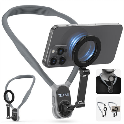 Gray and black telesin mnm-001 silicone neck mount with adjustable neck strap and magnetic sheet for hanging neck phone case