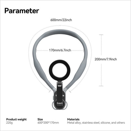 Gray silicone neckband for telesin mnm-001 with black ring and metal clasp for hanging neck phone case with magnetic sheet