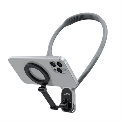 Gray and black telesin silicone neck mount phone holder with magnetic sheet and hanging neck strap for hands-free use