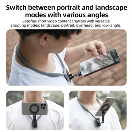 Gray silicone telesin mnm-001 neck-mounted phone holder with adjustable clamp and magnetic sheet for hanging neck use