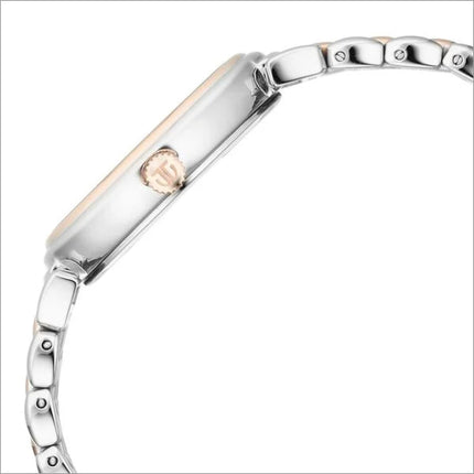 a watch with a white face and silver bracelet