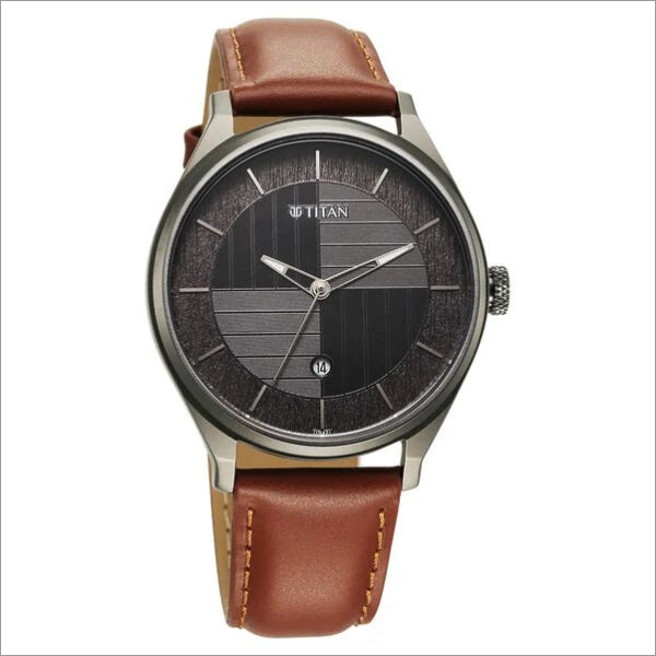 a watch with a brown leather strap